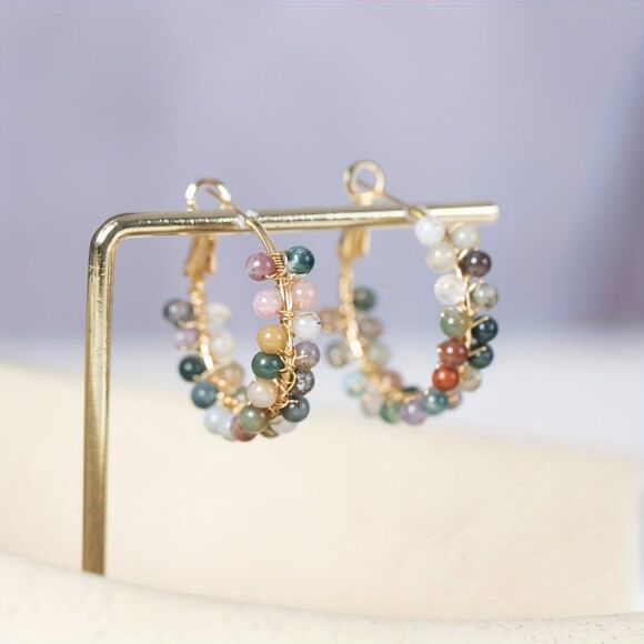 18K Gold Plated Boho Style Hoop Earrings 18K Colorful Natural Stone Hoops Gift - Picture 1 of 7